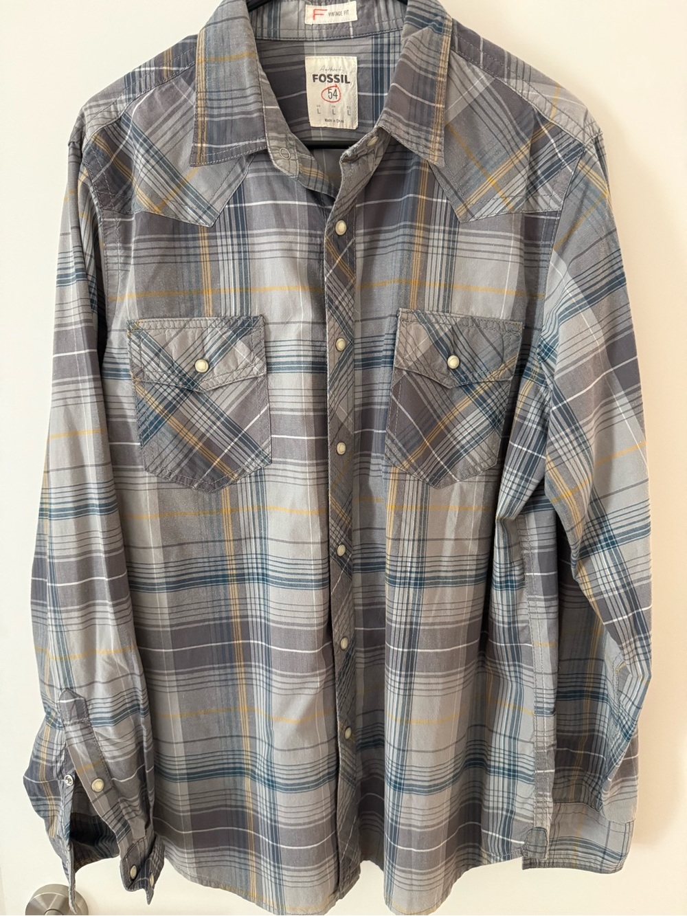 Fossil Men's Gray and Blue Plaid Button-Down Shirt with Yellow Accents